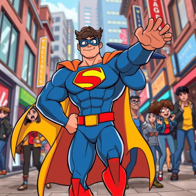 A vibrant and dynamic cartoon scene featuring a superhero in a bustling urban environment