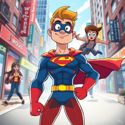 A vibrant and dynamic cartoon scene featuring a superhero in a bustling urban environment