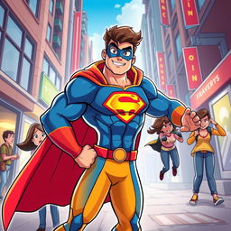 A vibrant and dynamic cartoon scene featuring a superhero in a bustling urban environment