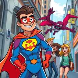 A vibrant and dynamic cartoon scene featuring a superhero in a bustling urban environment
