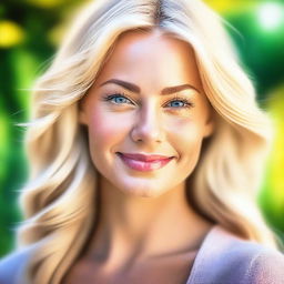 A high-quality digital art image of a naturally beautiful blonde woman in her 30s