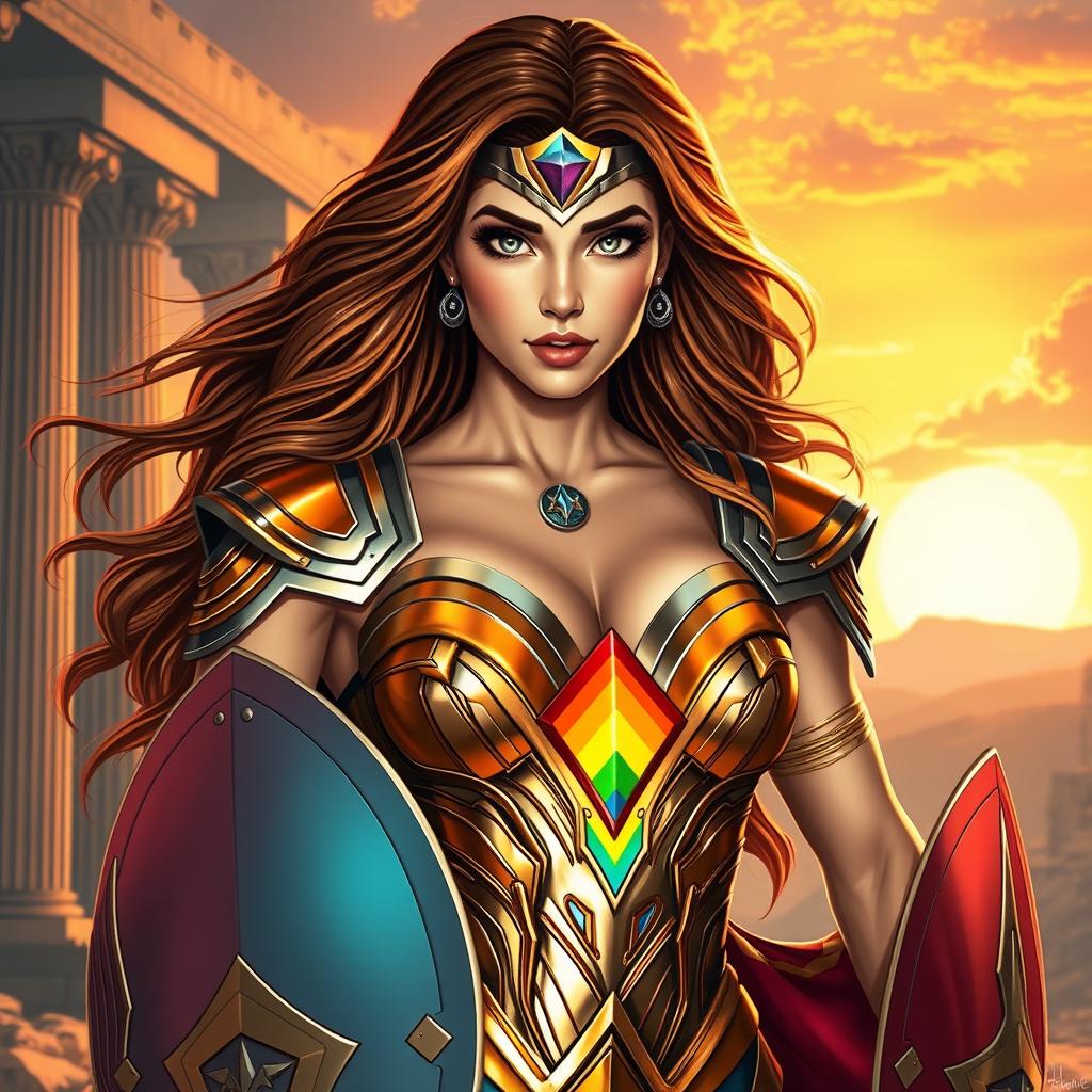 A powerful and captivating portrayal of a lesbian superhero inspired by Wonder Woman, wearing a dazzling and intricately designed armor featuring a rainbow emblem on her chest, symbolizing pride