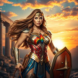 A powerful and captivating portrayal of a lesbian superhero inspired by Wonder Woman, wearing a dazzling and intricately designed armor featuring a rainbow emblem on her chest, symbolizing pride