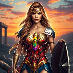 A powerful and captivating portrayal of a lesbian superhero inspired by Wonder Woman, wearing a dazzling and intricately designed armor featuring a rainbow emblem on her chest, symbolizing pride