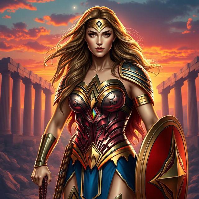 A powerful and captivating portrayal of a lesbian superhero inspired by Wonder Woman, wearing a dazzling and intricately designed armor featuring a rainbow emblem on her chest, symbolizing pride