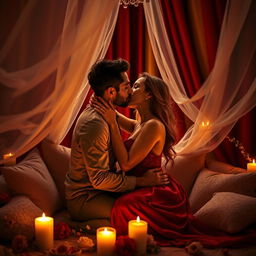 A romantic and intimate setting featuring a couple in a warm embrace, surrounded by soft candlelight and plush cushions