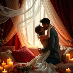 A romantic and intimate setting featuring a couple in a warm embrace, surrounded by soft candlelight and plush cushions