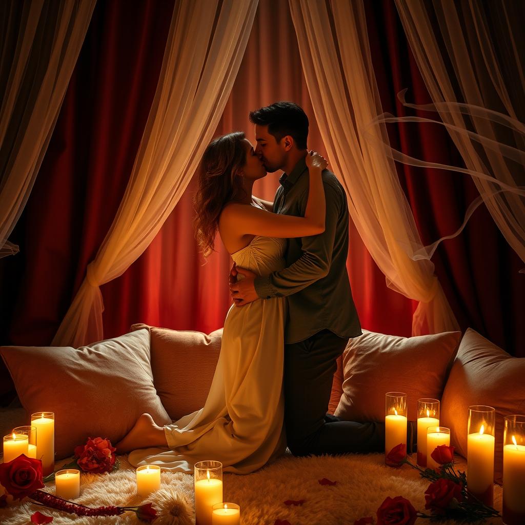 A romantic and intimate setting featuring a couple in a warm embrace, surrounded by soft candlelight and plush cushions