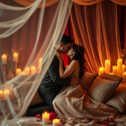 A romantic and intimate setting featuring a couple in a warm embrace, surrounded by soft candlelight and plush cushions