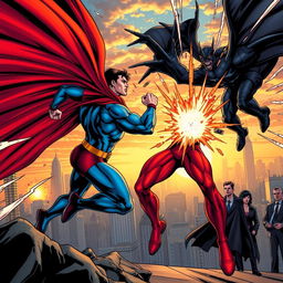 A dynamic scene of a superhero in a vibrant, detailed costume, featuring dramatic flowing cape and emblematic chest symbol, engaged in an epic battle against a sinister villain with a dark, threatening appearance