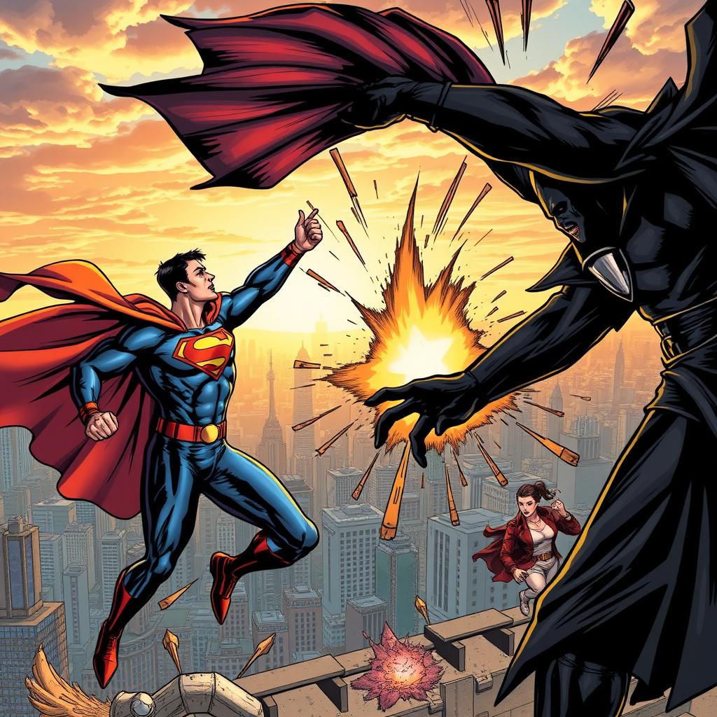 A dynamic scene of a superhero in a vibrant, detailed costume, featuring dramatic flowing cape and emblematic chest symbol, engaged in an epic battle against a sinister villain with a dark, threatening appearance