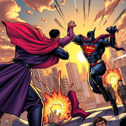 A dynamic scene of a superhero in a vibrant, detailed costume, featuring dramatic flowing cape and emblematic chest symbol, engaged in an epic battle against a sinister villain with a dark, threatening appearance