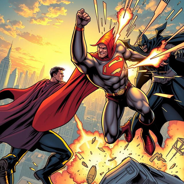 A dynamic scene of a superhero in a vibrant, detailed costume, featuring dramatic flowing cape and emblematic chest symbol, engaged in an epic battle against a sinister villain with a dark, threatening appearance