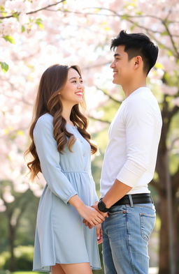 A young couple standing together in a sunlit park, showcasing their transition from friendship to love