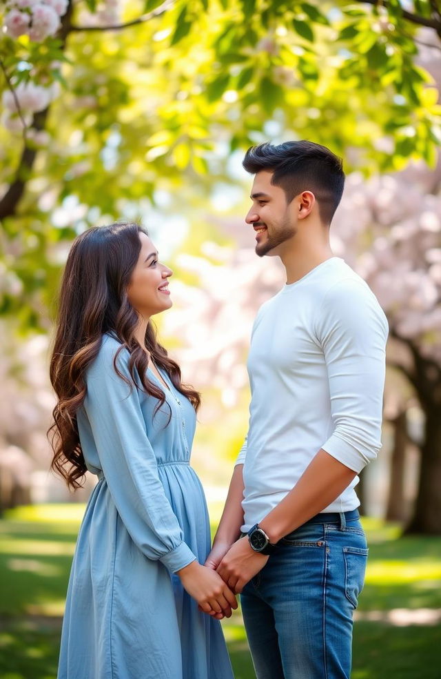 A young couple standing together in a sunlit park, showcasing their transition from friendship to love