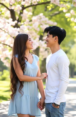 A young couple standing together in a sunlit park, showcasing their transition from friendship to love
