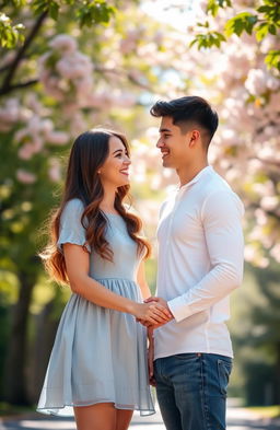 A young couple standing together in a sunlit park, showcasing their transition from friendship to love