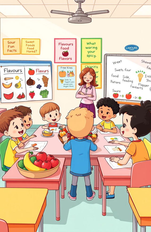 An illustrated classroom scene with elementary school children engaged in a fun food and flavors lesson