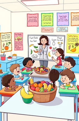 An illustrated classroom scene with elementary school children engaged in a fun food and flavors lesson