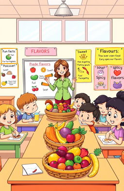 An illustrated classroom scene with elementary school children engaged in a fun food and flavors lesson