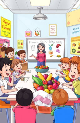 An illustrated classroom scene with elementary school children engaged in a fun food and flavors lesson