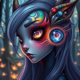 A fantasy character with an intricate eye design, featuring a blend of vibrant colors that swirl together, displaying a cosmic pattern