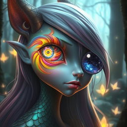 A fantasy character with an intricate eye design, featuring a blend of vibrant colors that swirl together, displaying a cosmic pattern