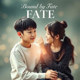 A captivating book cover for the title 'Bound by Fate', featuring two Korean friends sitting together