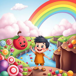 An enchanting and colorful illustration for an elementary school book themed around food, flavors, and candy