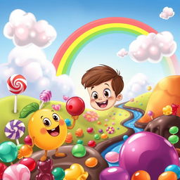 An enchanting and colorful illustration for an elementary school book themed around food, flavors, and candy