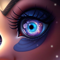 A close-up view of a character's eye featuring a unique and intricate design