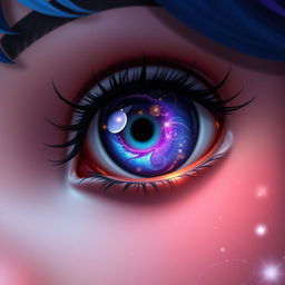 A close-up view of a character's eye featuring a unique and intricate design