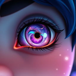 A close-up view of a character's eye featuring a unique and intricate design