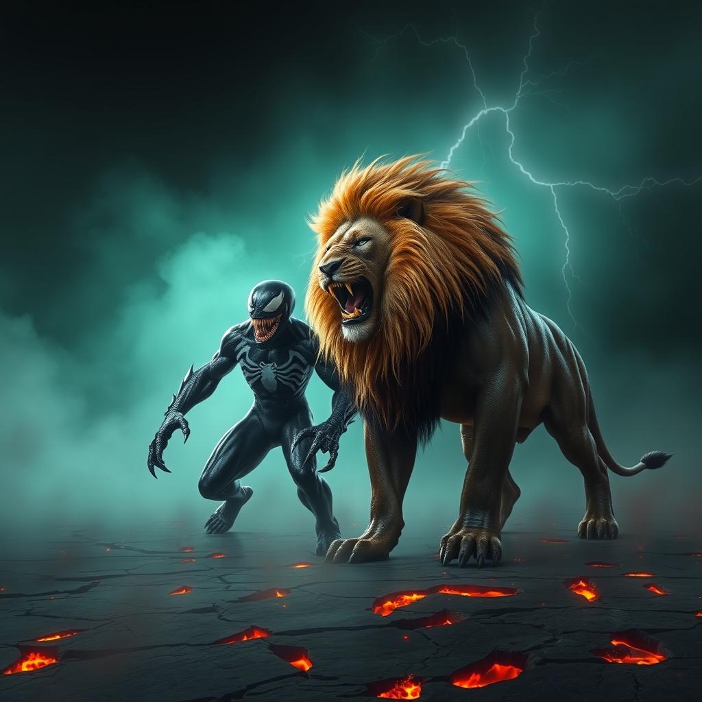 A terrifying scene featuring Venom, the iconic alien symbiote, and a majestic lion standing side by side in a dark, stormy environment