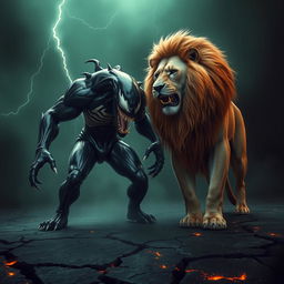 A terrifying scene featuring Venom, the iconic alien symbiote, and a majestic lion standing side by side in a dark, stormy environment