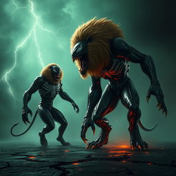 A terrifying scene featuring Venom, the iconic alien symbiote, and a majestic lion standing side by side in a dark, stormy environment