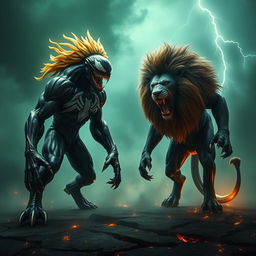 A terrifying scene featuring Venom, the iconic alien symbiote, and a majestic lion standing side by side in a dark, stormy environment