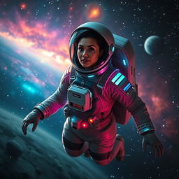 A stunning female astronaut floating in space, surrounded by colorful nebulae and twinkling stars