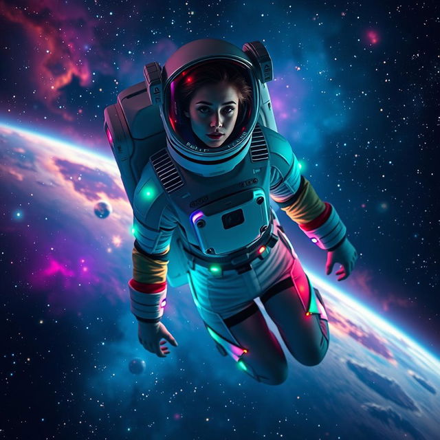 A stunning female astronaut floating in space, surrounded by colorful nebulae and twinkling stars