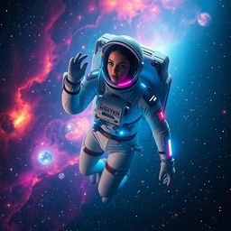 A stunning female astronaut floating in space, surrounded by colorful nebulae and twinkling stars
