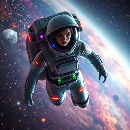 A stunning female astronaut floating in space, surrounded by colorful nebulae and twinkling stars