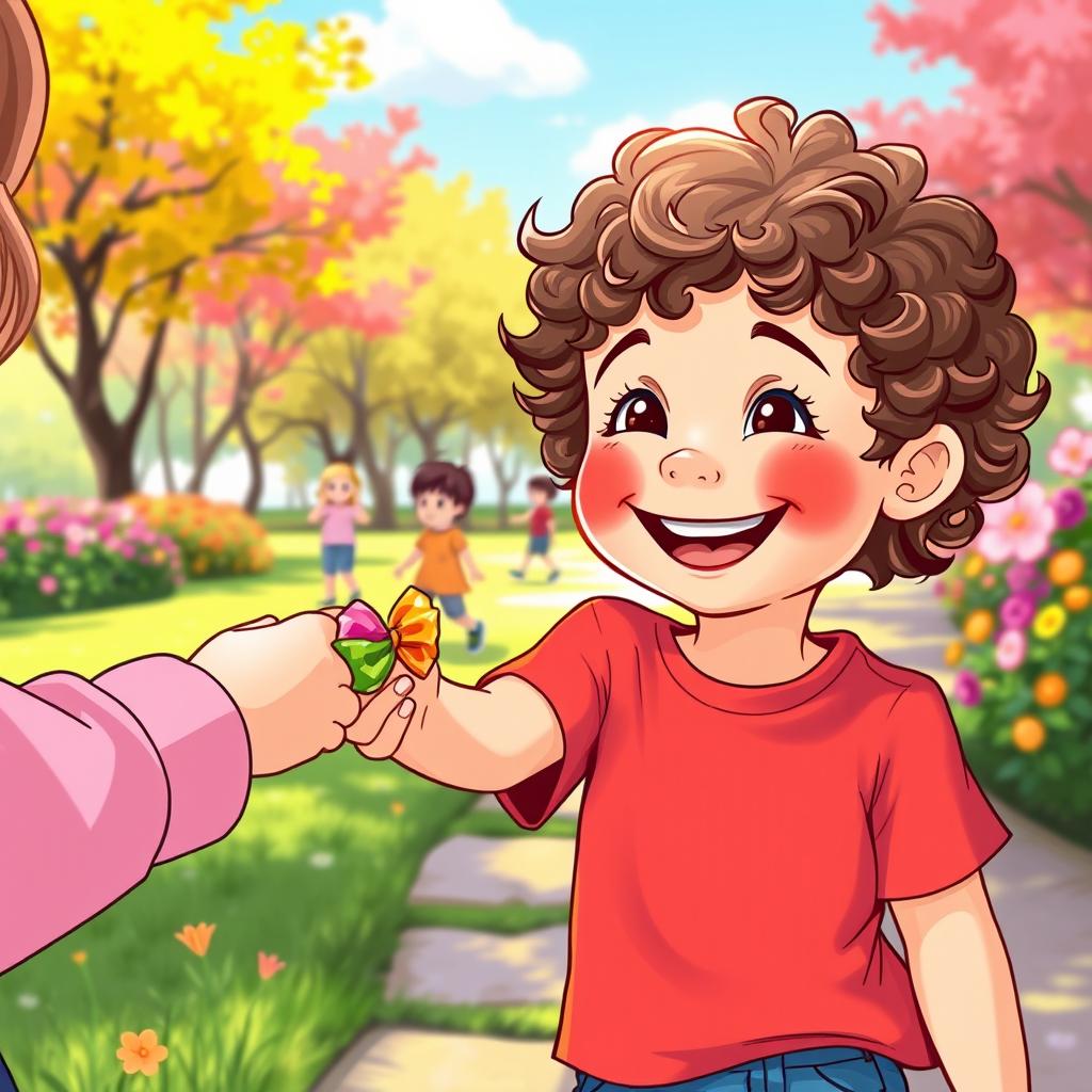 A joyful scene of a young child, around 7 years old, with a big smile, handing a colorful candy to a friend