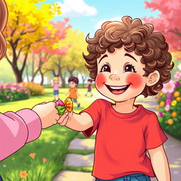 A joyful scene of a young child, around 7 years old, with a big smile, handing a colorful candy to a friend