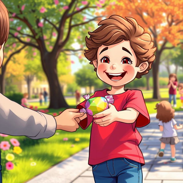 A joyful scene of a young child, around 7 years old, with a big smile, handing a colorful candy to a friend