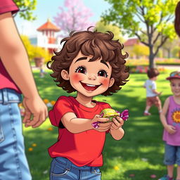 A joyful scene of a young child, around 7 years old, with a big smile, handing a colorful candy to a friend