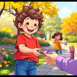 A joyful scene of a young child, around 7 years old, with a big smile, handing a colorful candy to a friend