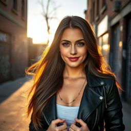 A stunning high-resolution portrait of a beautiful woman with long flowing brunette hair, wearing a stylish black leather jacket