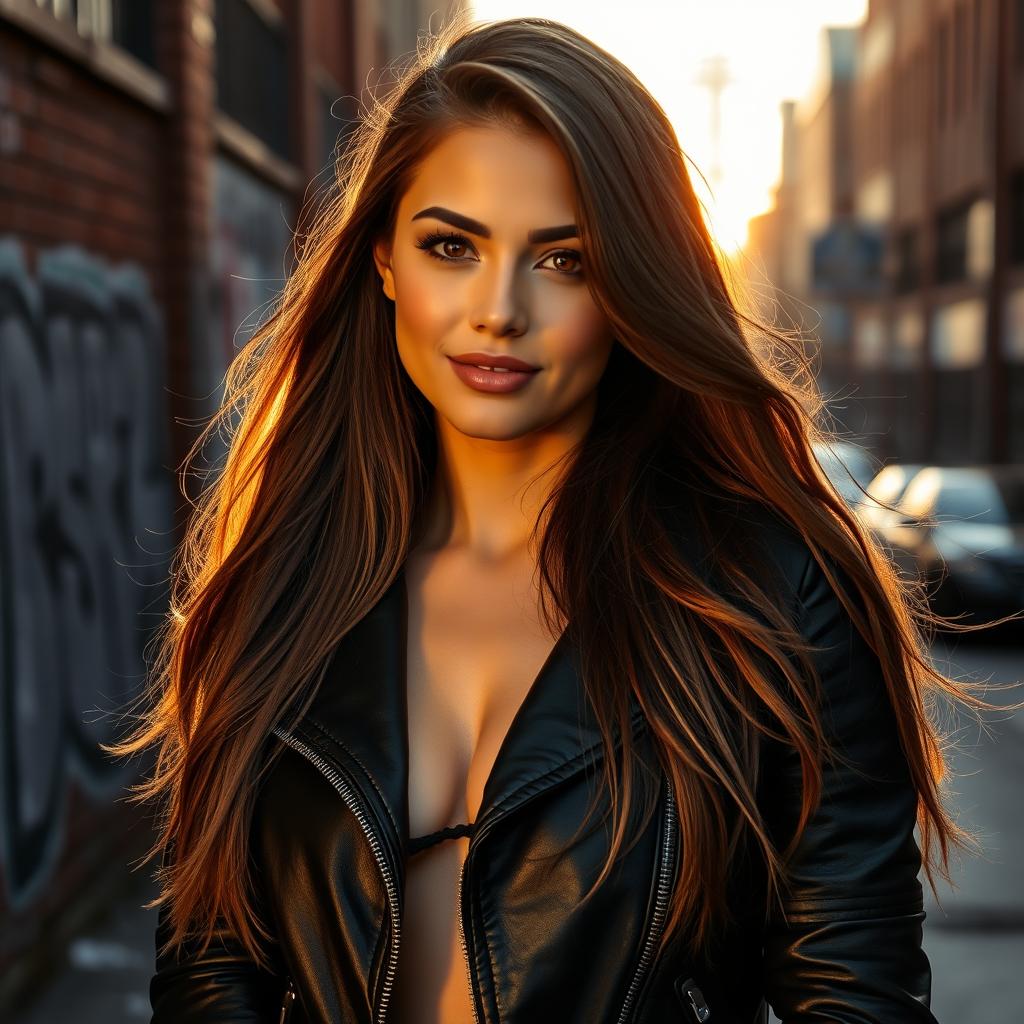 A stunning high-resolution portrait of a beautiful woman with long flowing brunette hair, wearing a stylish black leather jacket