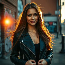 A stunning high-resolution portrait of a beautiful woman with long flowing brunette hair, wearing a stylish black leather jacket