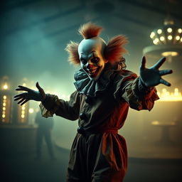 A creepy clown with a pale white face, dark hollow eyes, and a wide, sinister grin, dressed in a tattered, colorful costume